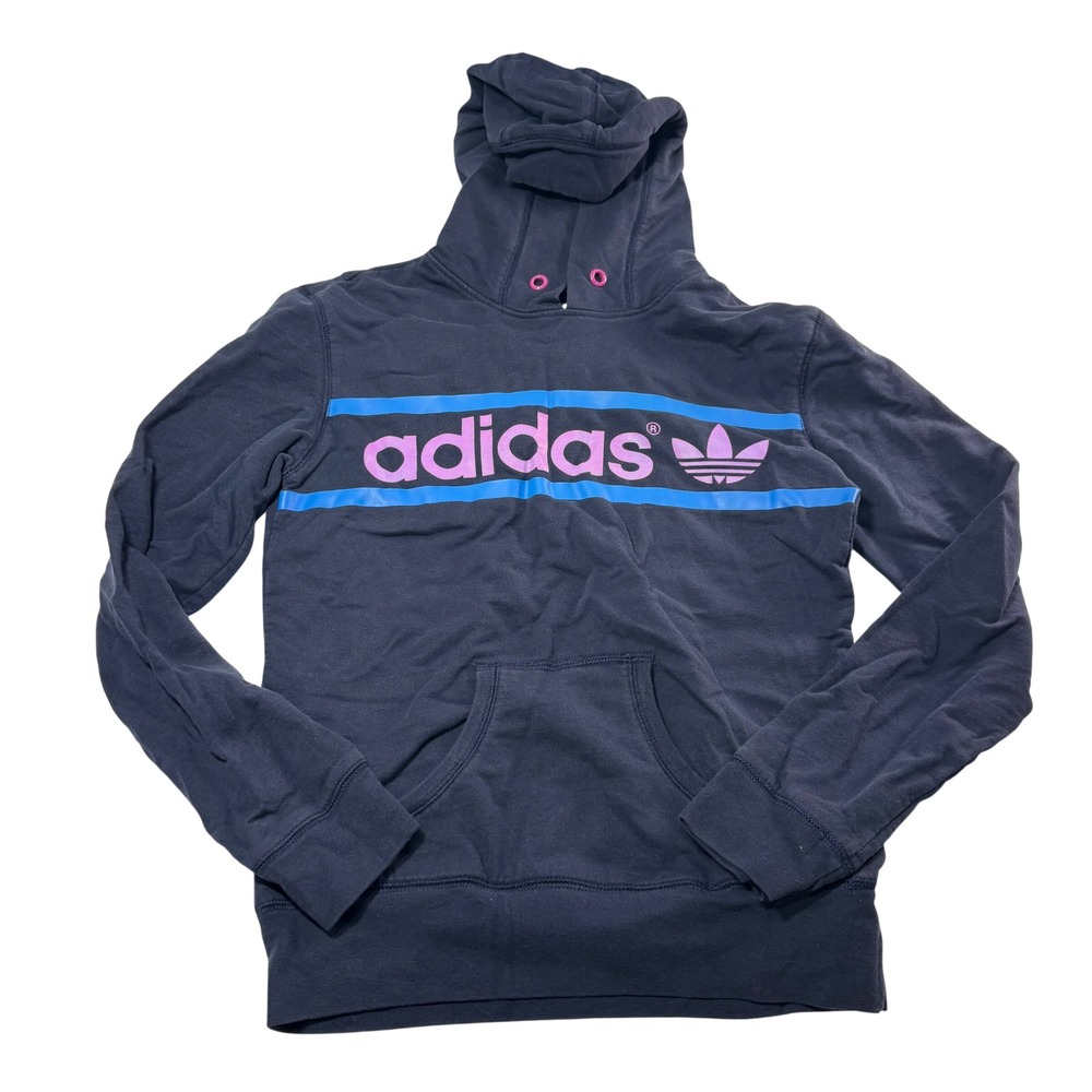 Adidas Originals Womens Navy Blue Pink Trefoil Logo Pullover Hoodie Size Small